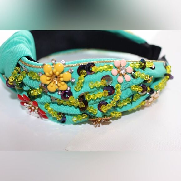 New handmade embroidered blue/green headband